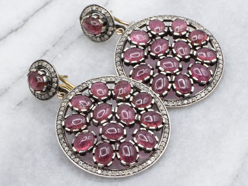 Bold Pink Tourmaline Cabochon Diamond Statement Earrings