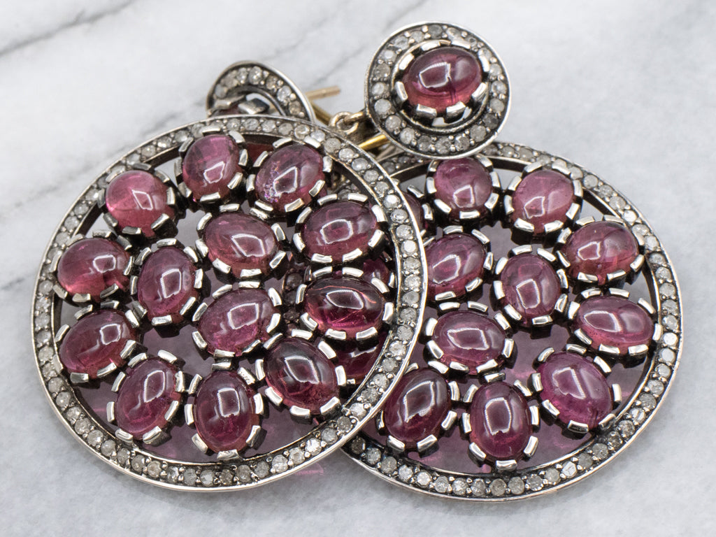 Bold Pink Tourmaline Cabochon Diamond Statement Earrings