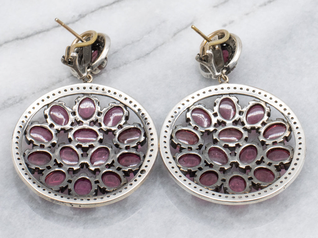 Bold Pink Tourmaline Cabochon Diamond Statement Earrings