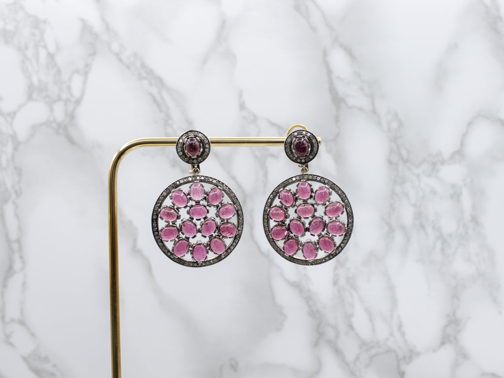Bold Pink Tourmaline Cabochon Diamond Statement Earrings