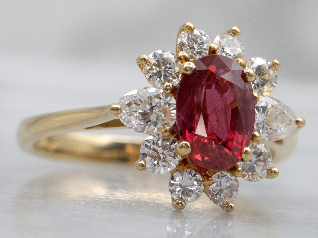 Yellow Gold AGL Certified Oval-Cut Ruby and Diamond Halo Ring