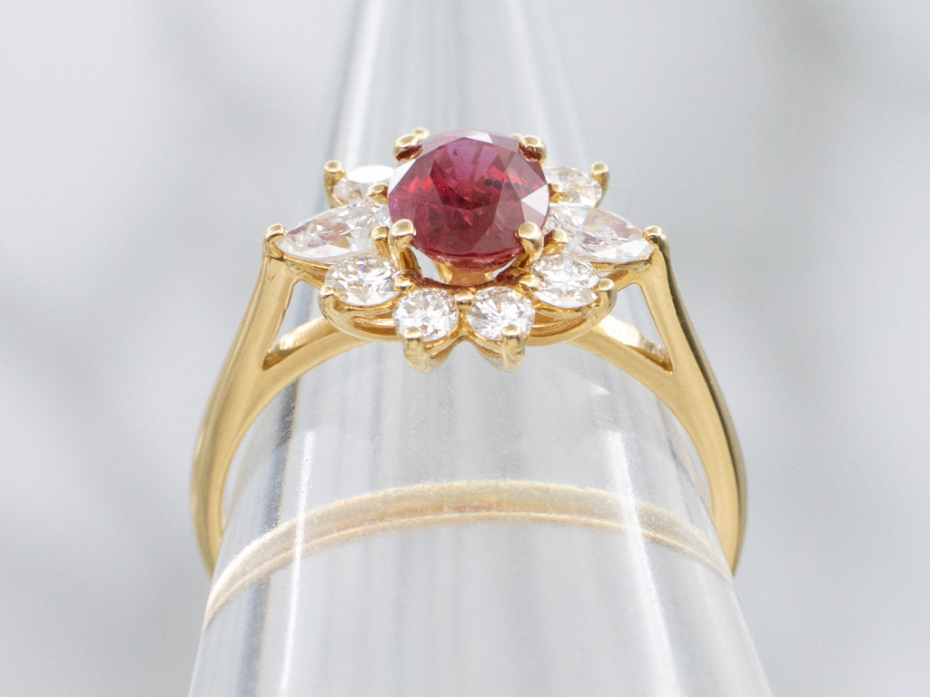 Yellow Gold AGL Certified Oval-Cut Ruby and Diamond Halo Ring