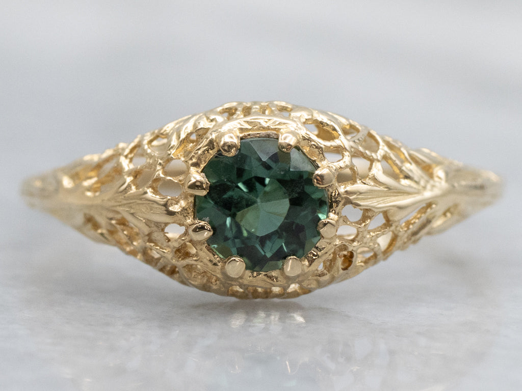 Green Tourmaline Yellow Gold Filigree Solitaire Mary Ring by Elizabeth Henry