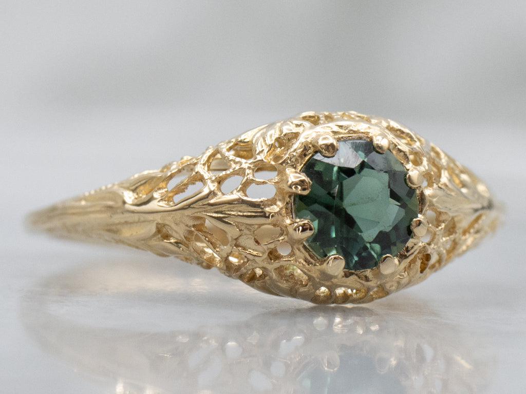 Green Tourmaline Yellow Gold Filigree Solitaire Mary Ring by Elizabeth Henry
