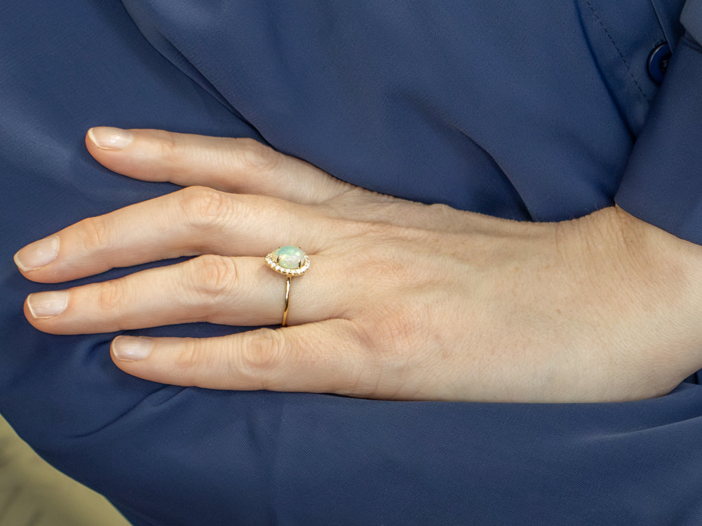 Modern Pear-Cut Opal and Diamond Halo Yellow Gold Ring