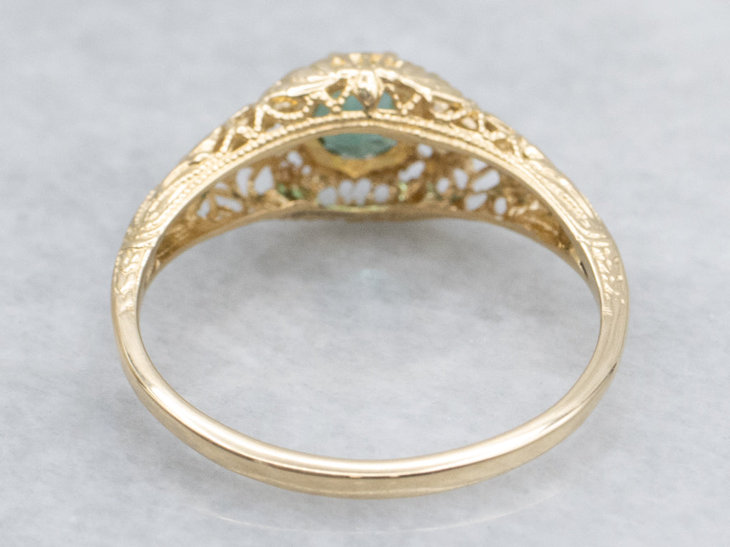 Green Tourmaline Yellow Gold Filigree Solitaire Mary Ring by Elizabeth Henry