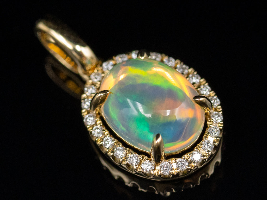 Opal and Diamond Halo Modern Yellow Gold Pendant
