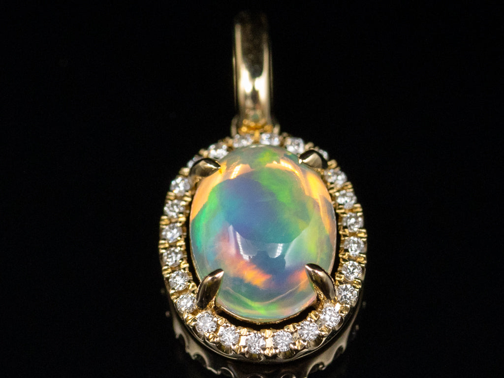 Opal and Diamond Halo Modern Yellow Gold Pendant