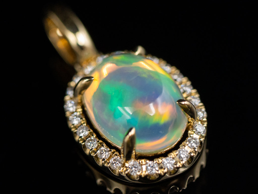 Opal and Diamond Halo Modern Yellow Gold Pendant