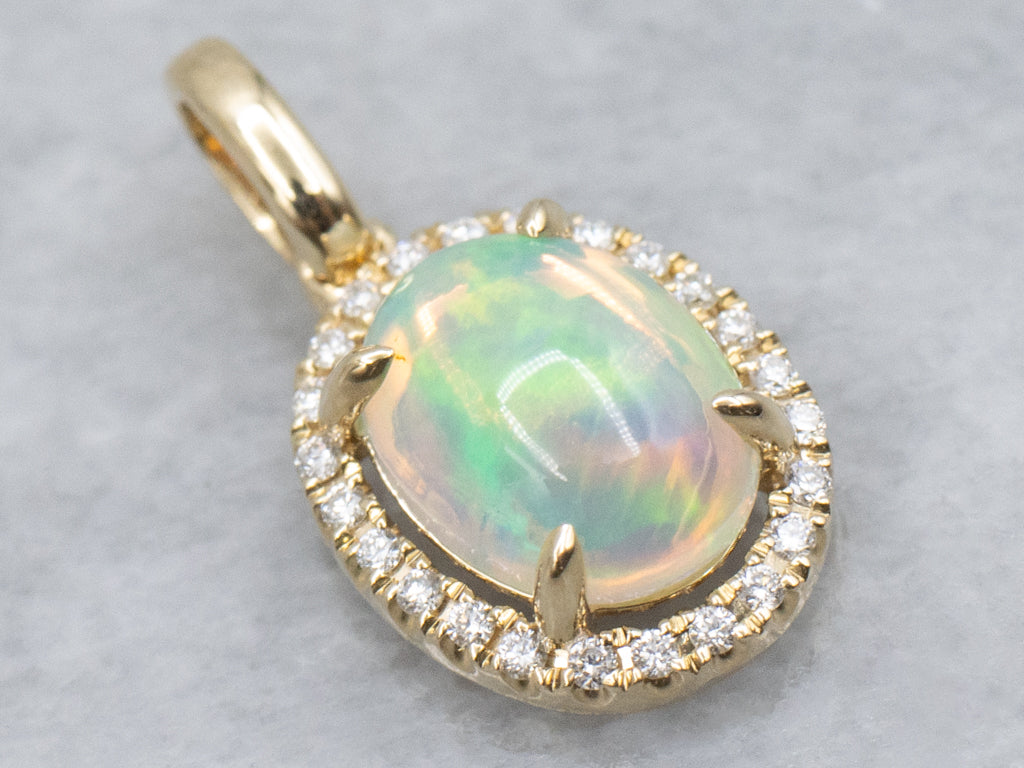 Opal and Diamond Halo Modern Yellow Gold Pendant