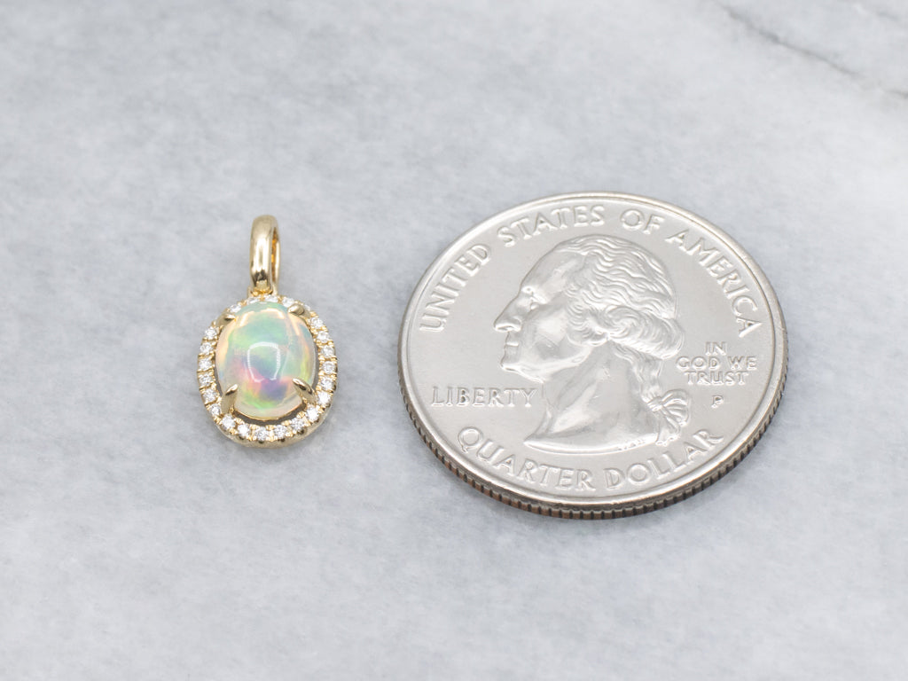 Opal and Diamond Halo Modern Yellow Gold Pendant