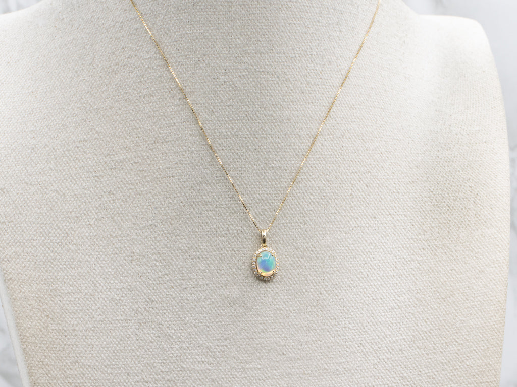 Opal and Diamond Halo Modern Yellow Gold Pendant