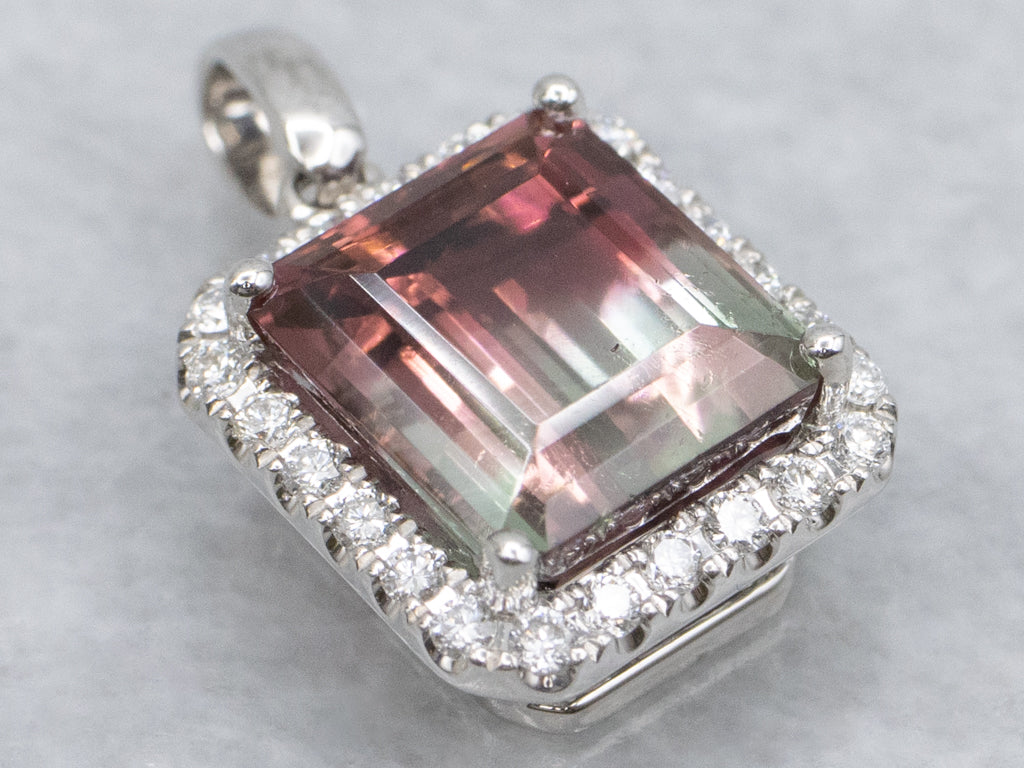 Stunning Watermelon Tourmaline and Diamond Halo White Gold Pendant