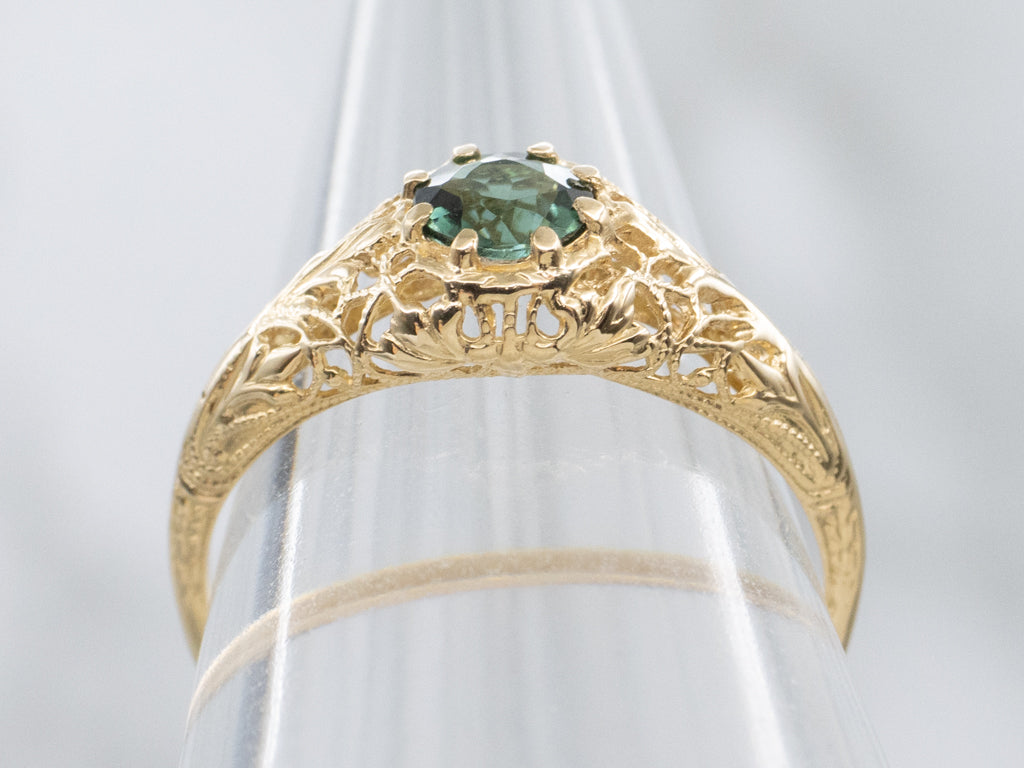 Green Tourmaline Yellow Gold Filigree Solitaire Mary Ring by Elizabeth Henry