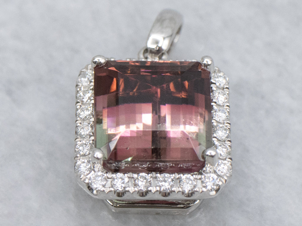 Stunning Watermelon Tourmaline and Diamond Halo White Gold Pendant