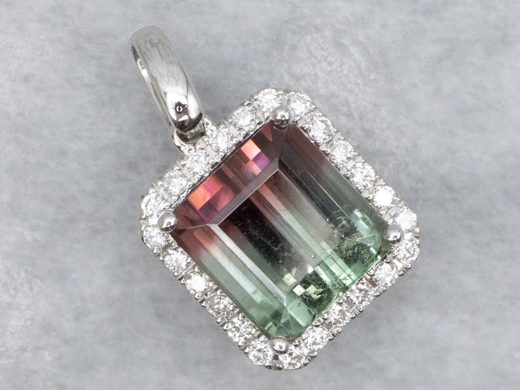 Stunning Watermelon Tourmaline and Diamond Halo White Gold Pendant