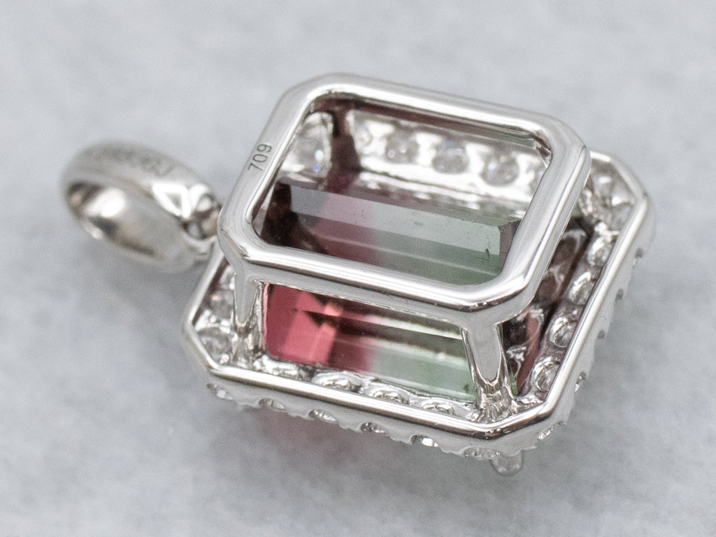 Stunning Watermelon Tourmaline and Diamond Halo White Gold Pendant