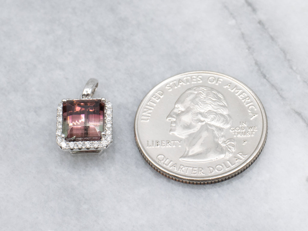 Stunning Watermelon Tourmaline and Diamond Halo White Gold Pendant