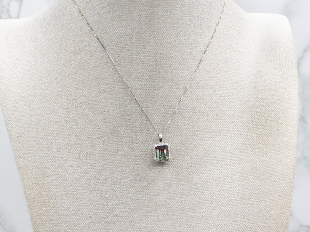 Stunning Watermelon Tourmaline and Diamond Halo White Gold Pendant
