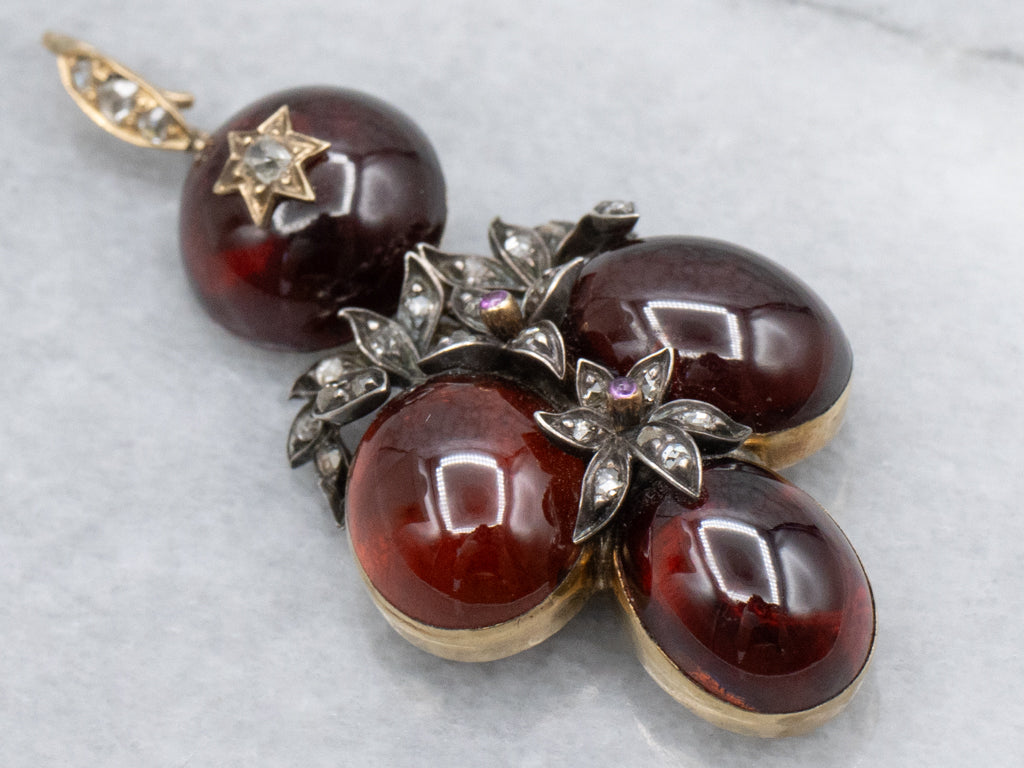 Victorian Mourning Era Garnet Cabochon Rose Cut Diamond and Ruby Pendant