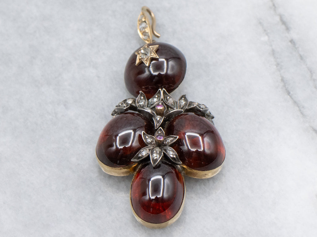 Victorian Mourning Era Garnet Cabochon Rose Cut Diamond and Ruby Pendant