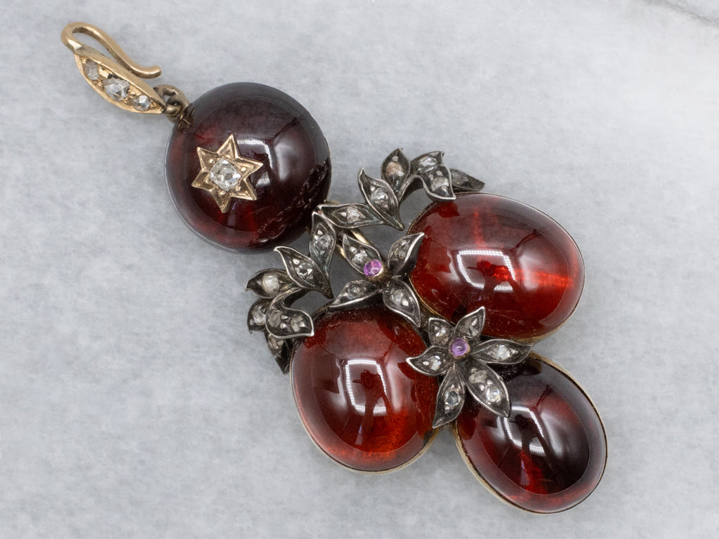 Victorian Mourning Era Garnet Cabochon Rose Cut Diamond and Ruby Pendant
