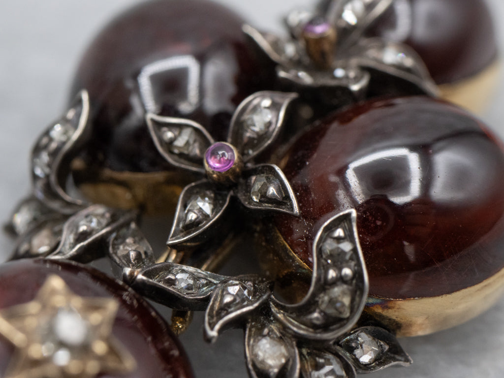 Victorian Mourning Era Garnet Cabochon Rose Cut Diamond and Ruby Pendant