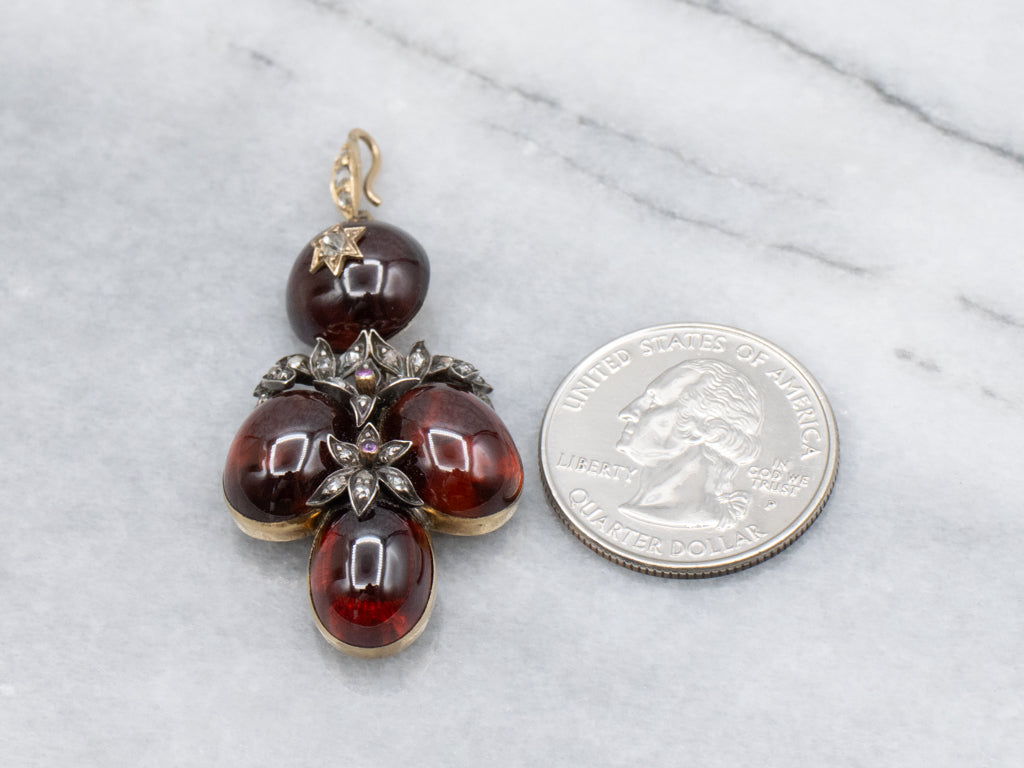 Victorian Mourning Era Garnet Cabochon Rose Cut Diamond and Ruby Pendant