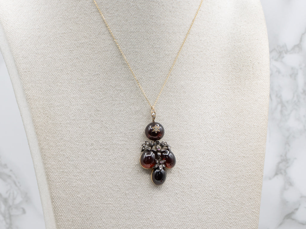 Victorian Mourning Era Garnet Cabochon Rose Cut Diamond and Ruby Pendant