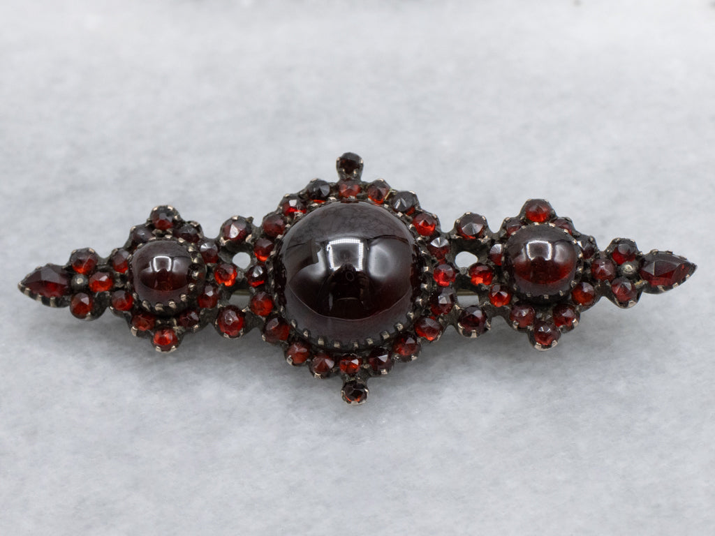 Gothic Triple Garnet Cabochon and Garnet Cluster Base Metal Antique Pin