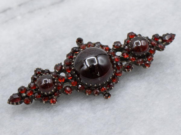 Gothic Triple Garnet Cabochon and Garnet Cluster Base Metal Antique Pi