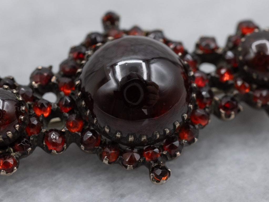 Gothic Triple Garnet Cabochon and Garnet Cluster Base Metal Antique Pin