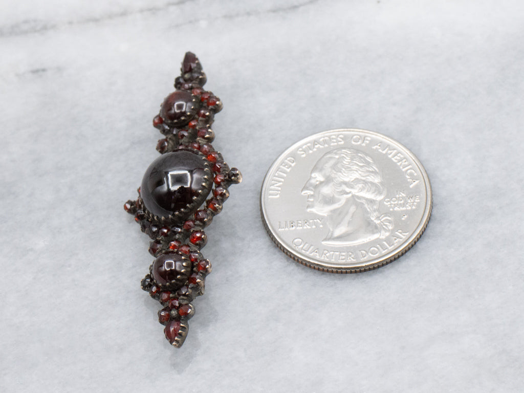 Gothic Triple Garnet Cabochon and Garnet Cluster Base Metal Antique Pin