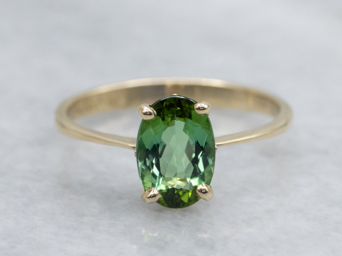 Green Tourmaline Solitaire Yellow Gold Ring