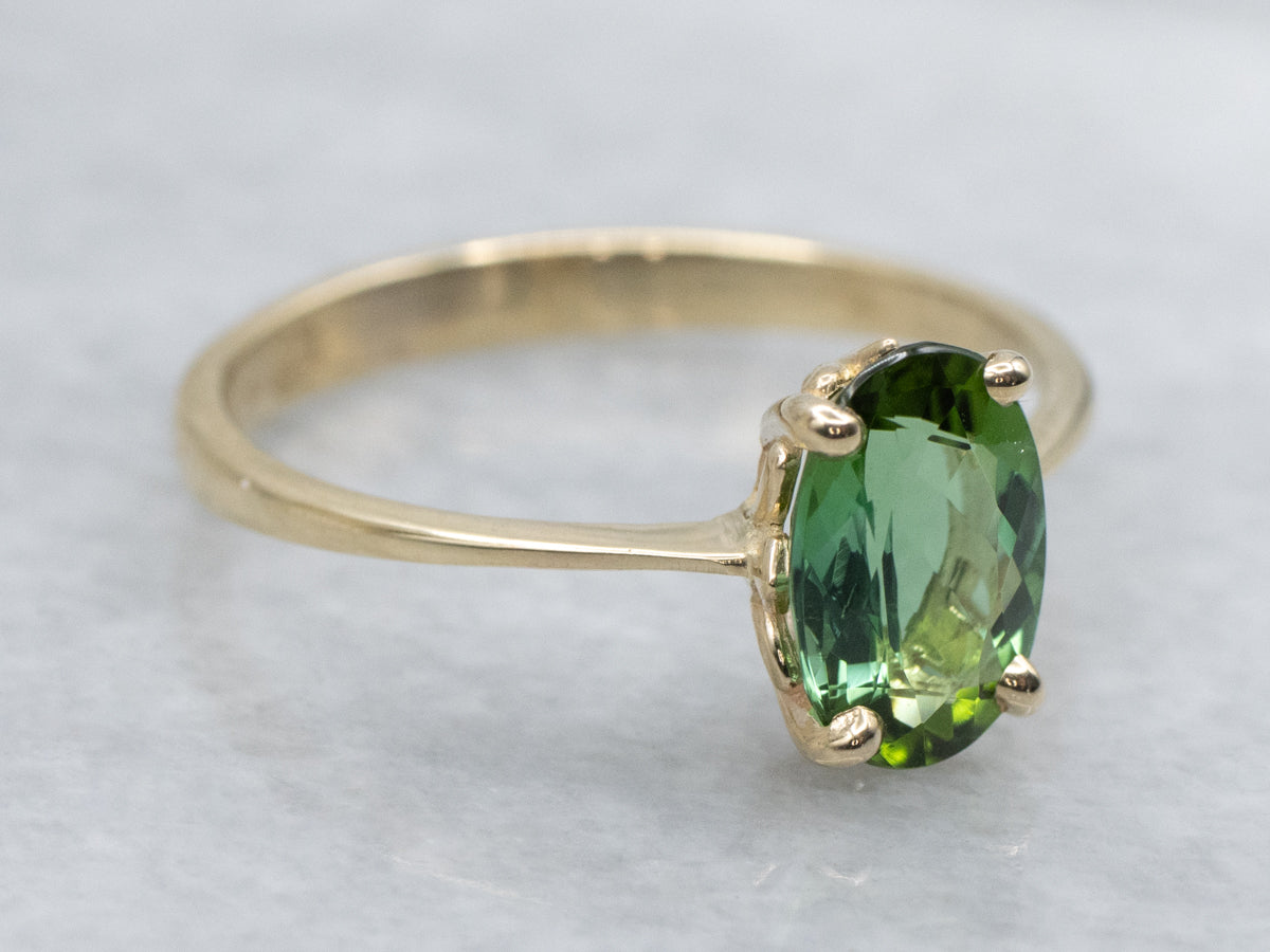 Green Tourmaline Solitaire Yellow Gold Ring