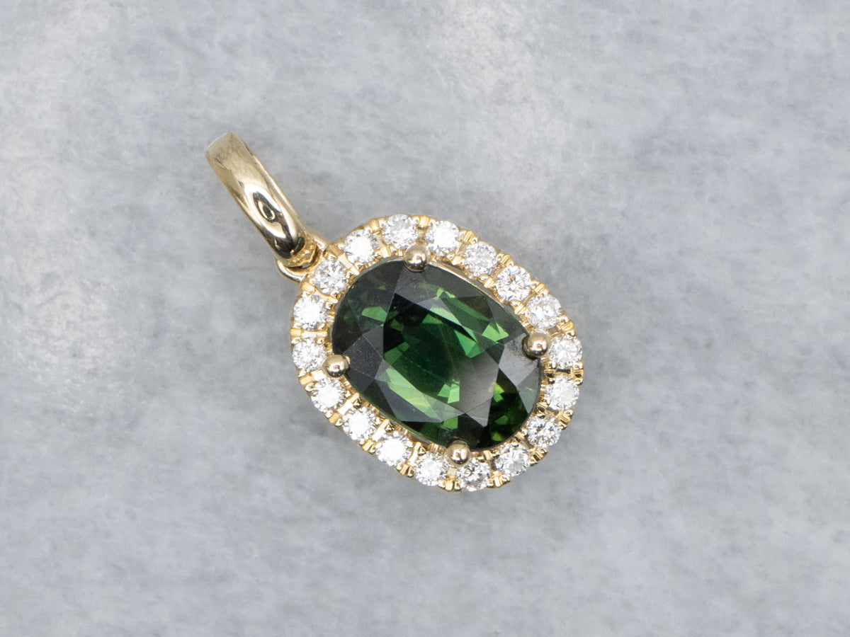 Modern Green Sapphire and Diamond Halo Yellow Gold Pendant