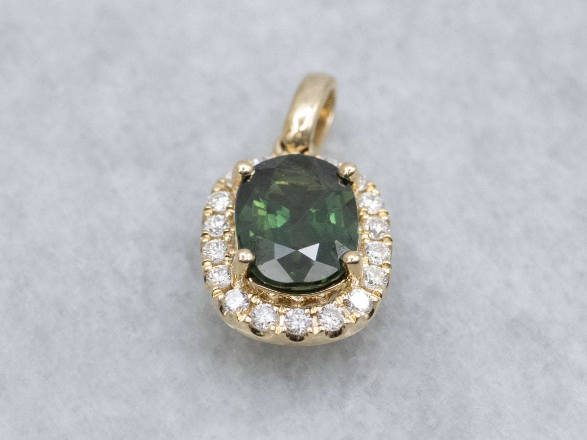 Modern Green Sapphire and Diamond Halo Yellow Gold Pendant