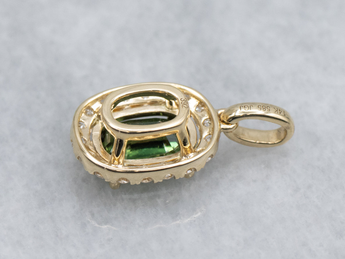 Modern Green Sapphire and Diamond Halo Yellow Gold Pendant