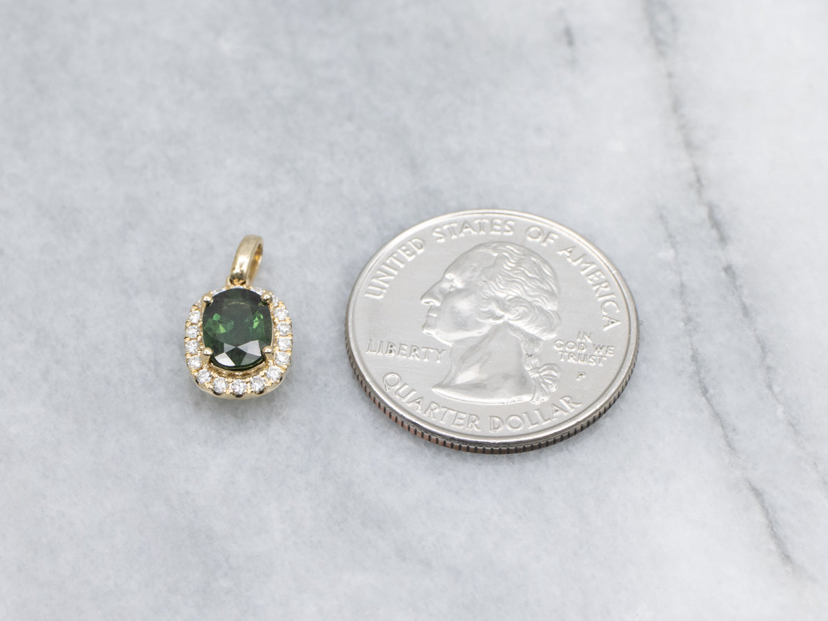 Modern Green Sapphire and Diamond Halo Yellow Gold Pendant