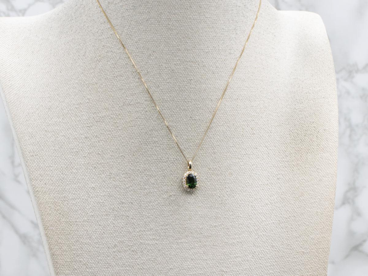 Modern Green Sapphire and Diamond Halo Yellow Gold Pendant