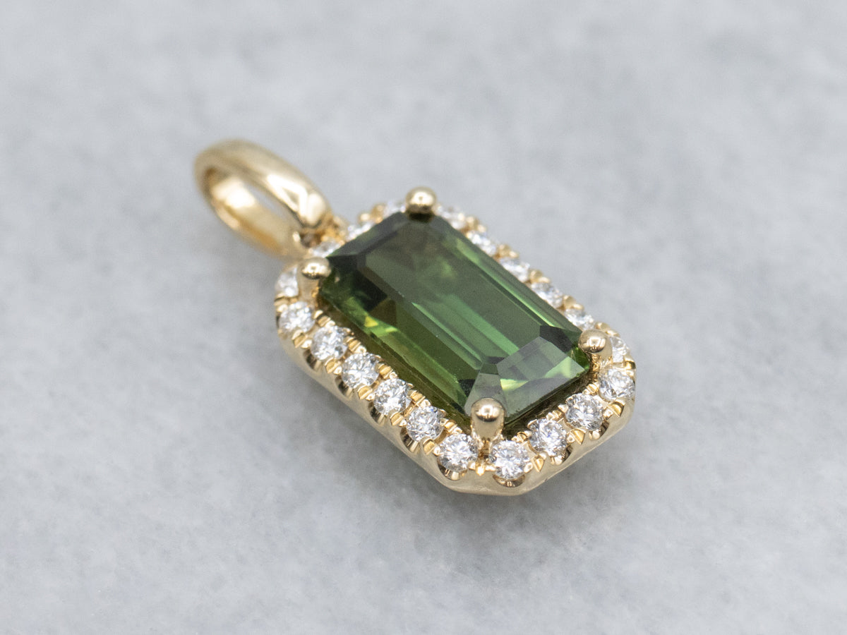 Emerald-Cut Green Sapphire and Diamond Halo Yellow Gold Pendant