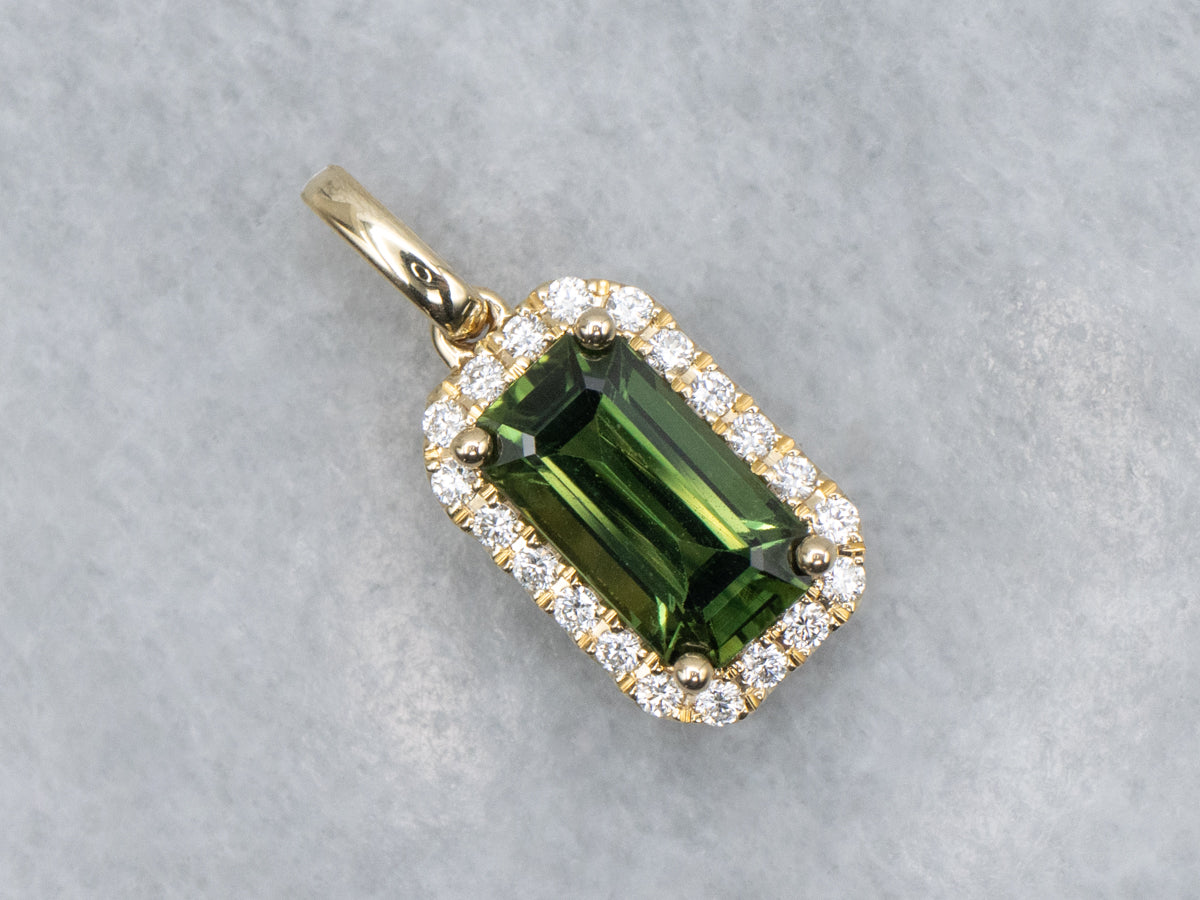 Emerald-Cut Green Sapphire and Diamond Halo Yellow Gold Pendant