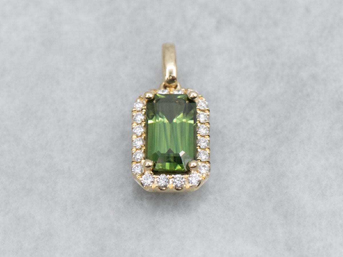 Emerald-Cut Green Sapphire and Diamond Halo Yellow Gold Pendant