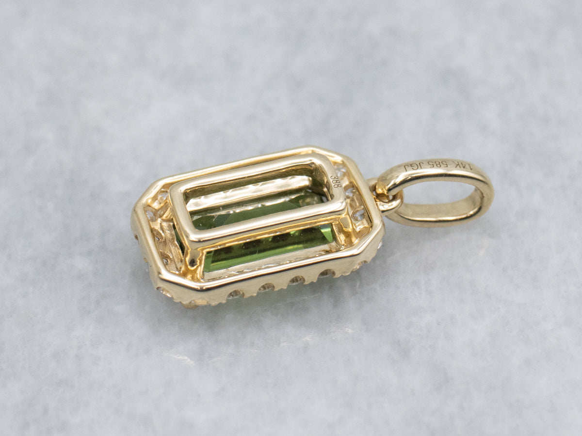 Emerald-Cut Green Sapphire and Diamond Halo Yellow Gold Pendant