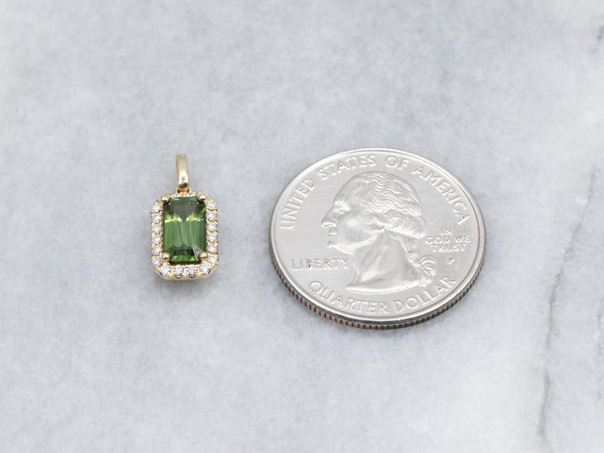 Emerald-Cut Green Sapphire and Diamond Halo Yellow Gold Pendant