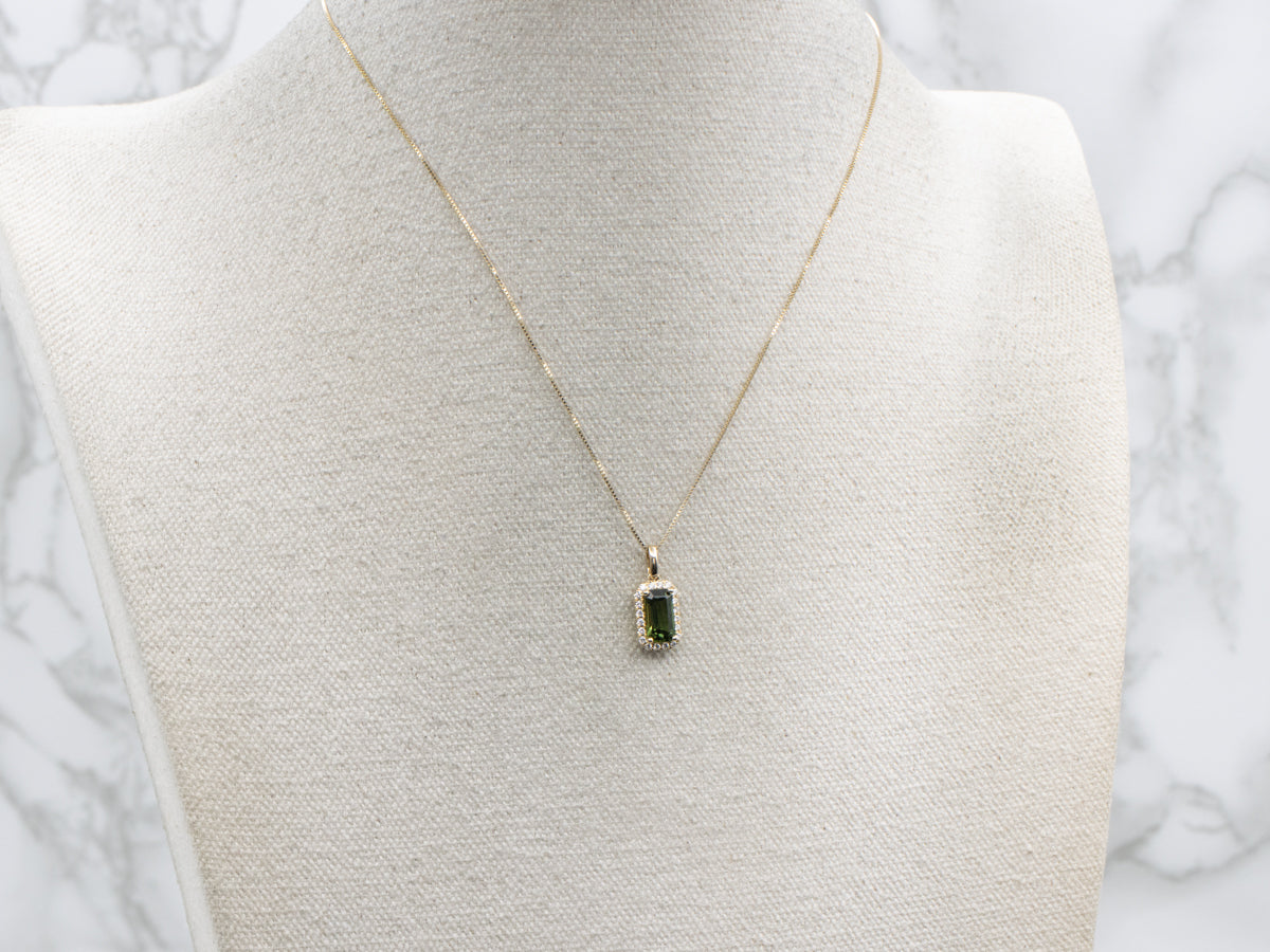 Emerald-Cut Green Sapphire and Diamond Halo Yellow Gold Pendant