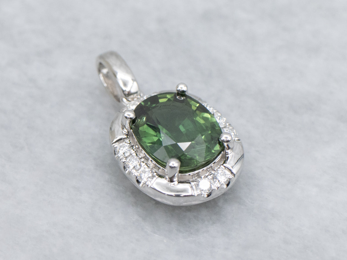 Oval-Cut Green Sapphire and Diamond Halo White Gold Pendant