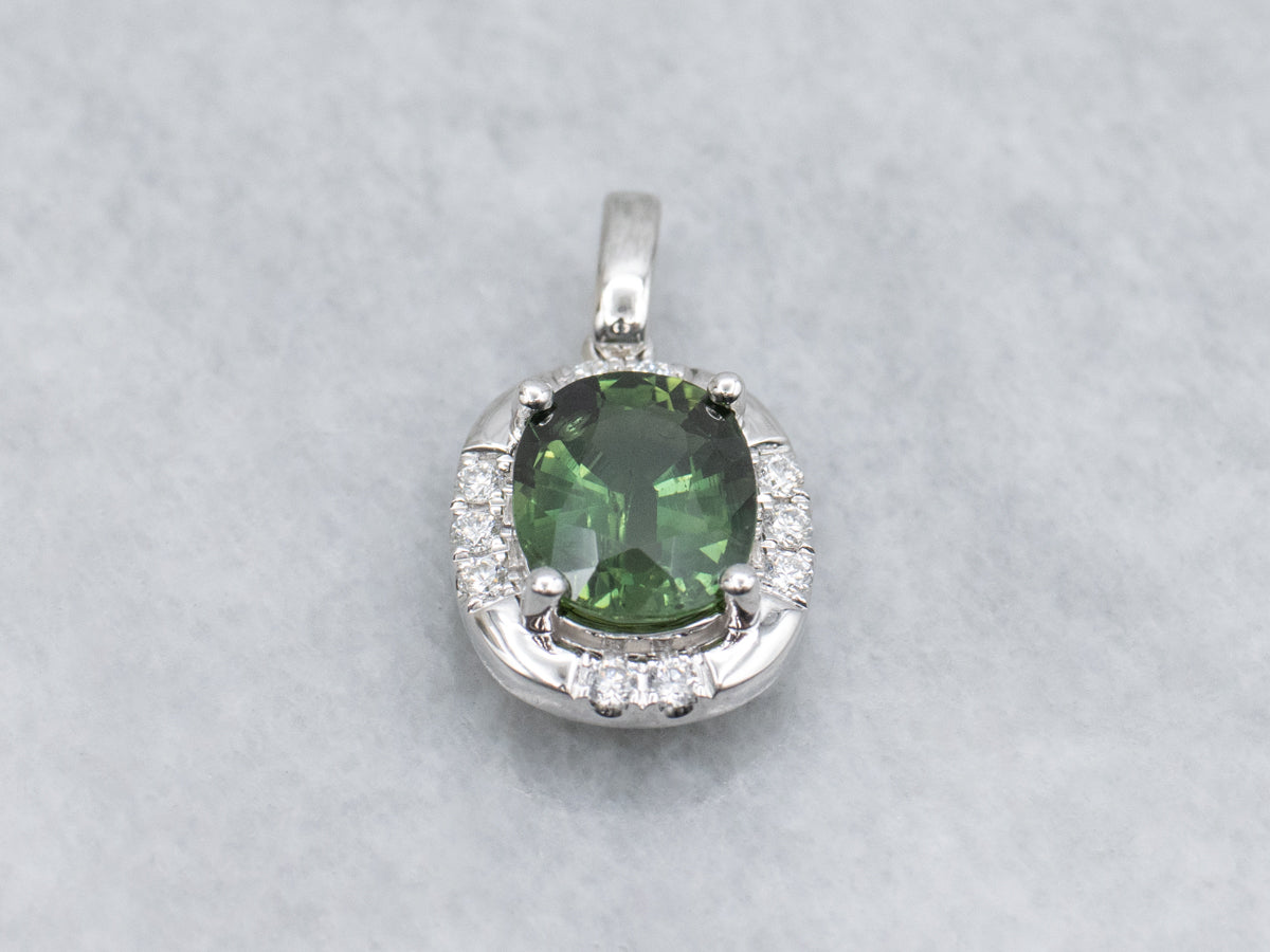 Oval-Cut Green Sapphire and Diamond Halo White Gold Pendant