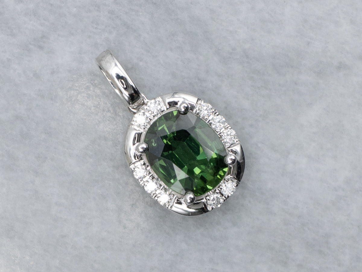 Oval-Cut Green Sapphire and Diamond Halo White Gold Pendant
