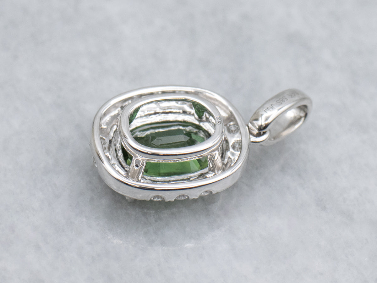 Oval-Cut Green Sapphire and Diamond Halo White Gold Pendant
